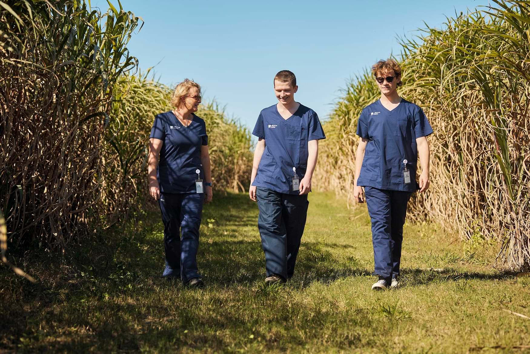Nurses walking through cane fields
